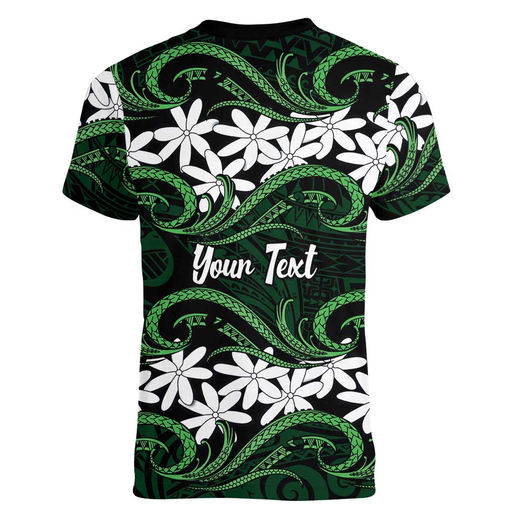Personalised Cook Islands Mitiaro Women V-Neck T-Shirt Tiare Maori Polynesian Waves Tattoo LT14 - Polynesian Pride