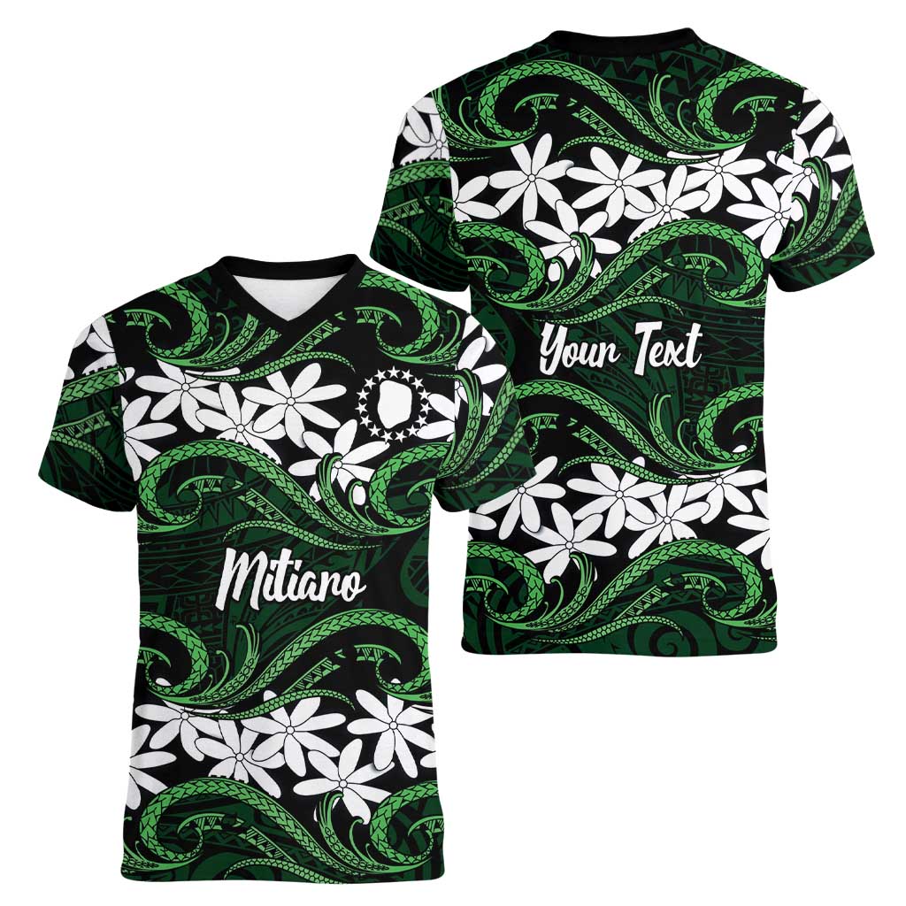 Personalised Cook Islands Mitiaro Women V-Neck T-Shirt Tiare Maori Polynesian Waves Tattoo LT14 - Polynesian Pride