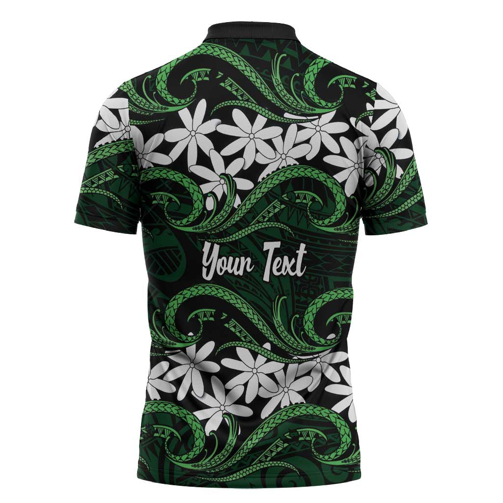 Personalised Cook Islands Mitiaro Zipper Polo Shirt Tiare Maori Polynesian Waves Tattoo
