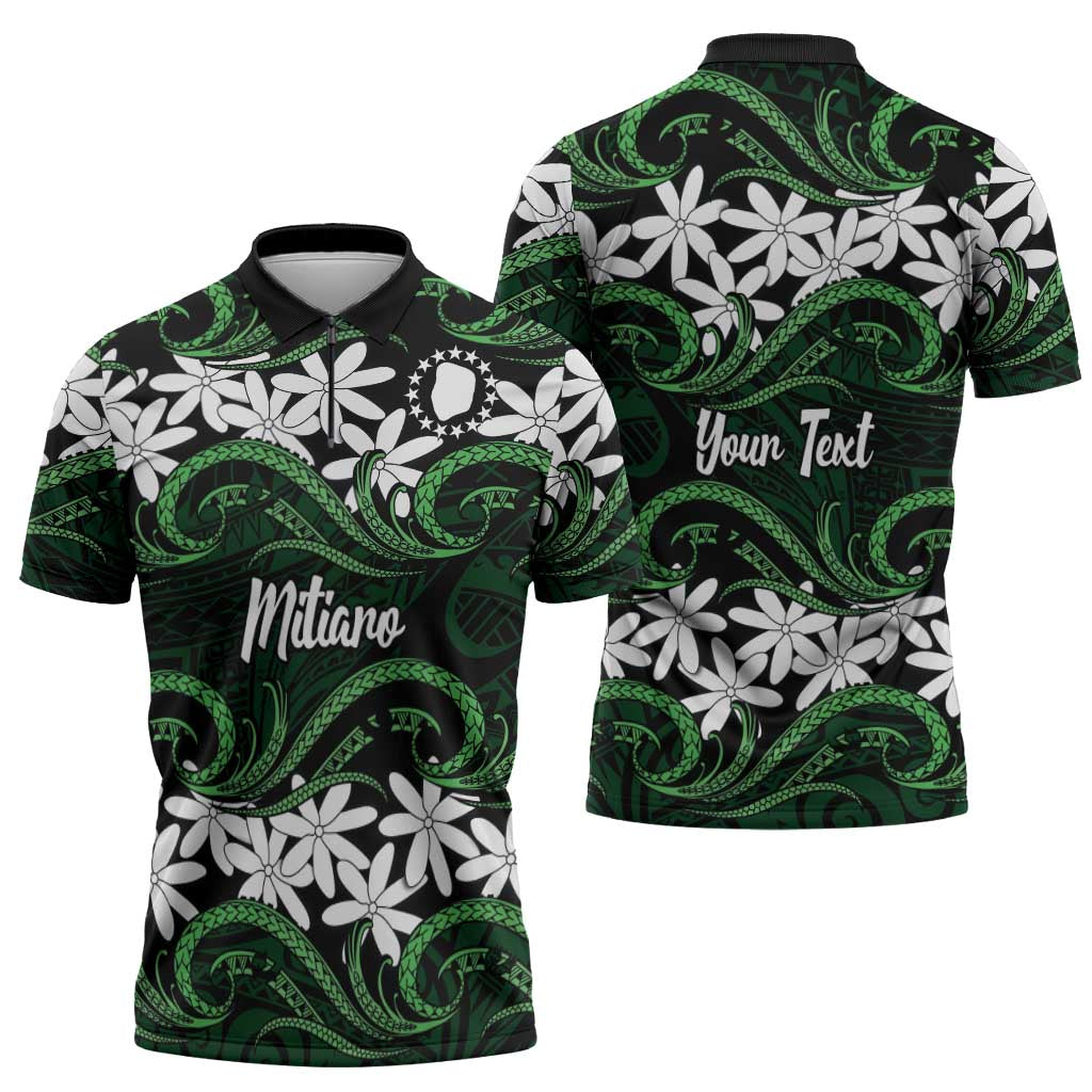Personalised Cook Islands Mitiaro Zipper Polo Shirt Tiare Maori Polynesian Waves Tattoo