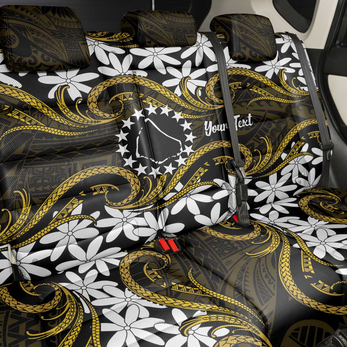 Personalised Cook Islands Manihiki Back Car Seat Cover Tiare Maori Polynesian Waves Tattoo
