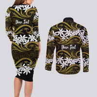 Personalised Cook Islands Manihiki Couples Matching Long Sleeve Bodycon Dress and Long Sleeve Button Shirt Tiare Maori Polynesian Waves Tattoo LT14 - Polynesian Pride