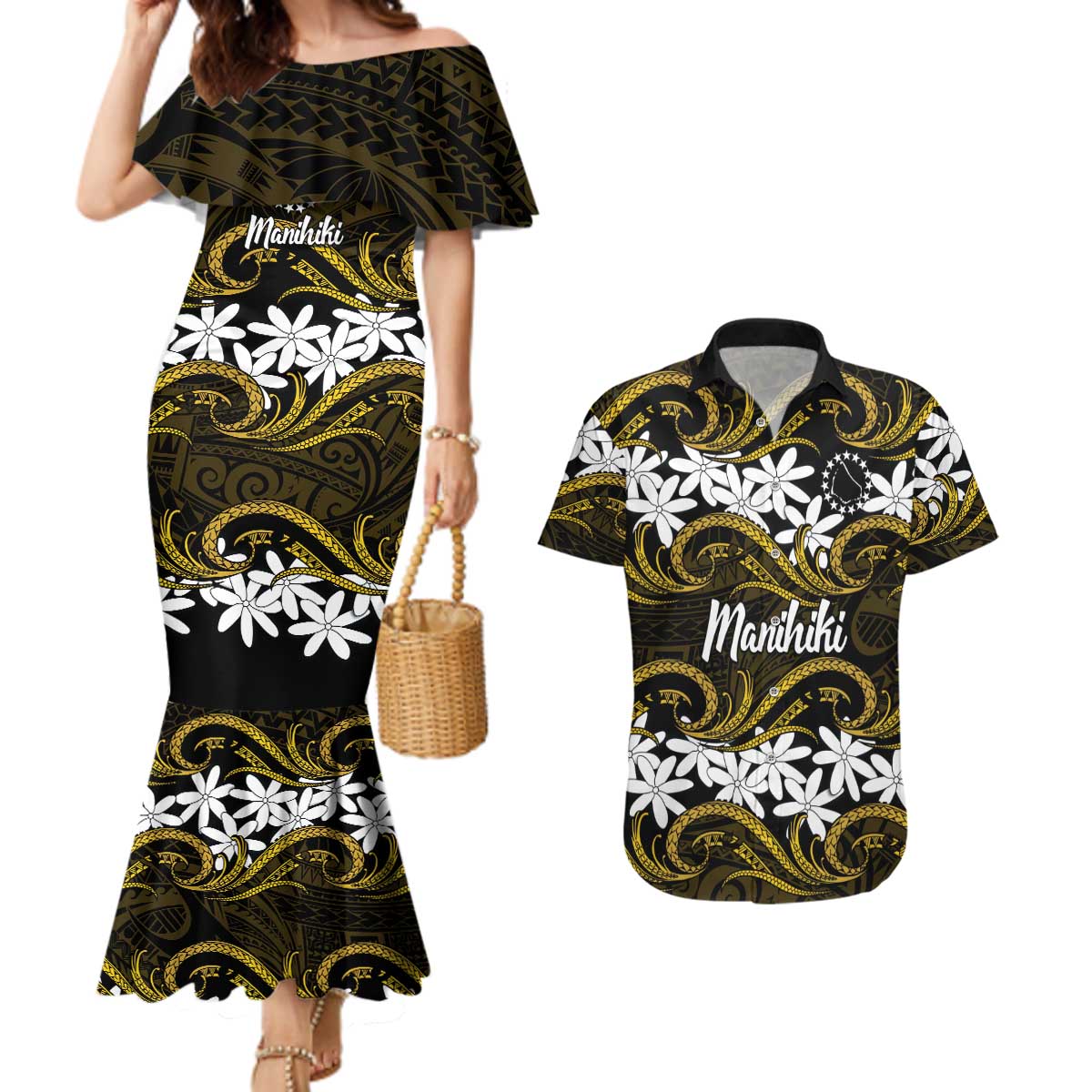 Personalised Cook Islands Manihiki Couples Matching Mermaid Dress and Hawaiian Shirt Tiare Maori Polynesian Waves Tattoo LT14 Gold - Polynesian Pride