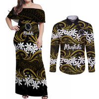 Personalised Cook Islands Manihiki Couples Matching Off Shoulder Maxi Dress and Long Sleeve Button Shirt Tiare Maori Polynesian Waves Tattoo LT14 Gold - Polynesian Pride