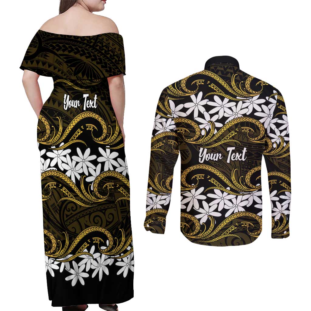 Personalised Cook Islands Manihiki Couples Matching Off Shoulder Maxi Dress and Long Sleeve Button Shirt Tiare Maori Polynesian Waves Tattoo LT14 - Polynesian Pride