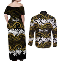 Personalised Cook Islands Manihiki Couples Matching Off Shoulder Maxi Dress and Long Sleeve Button Shirt Tiare Maori Polynesian Waves Tattoo LT14 - Polynesian Pride