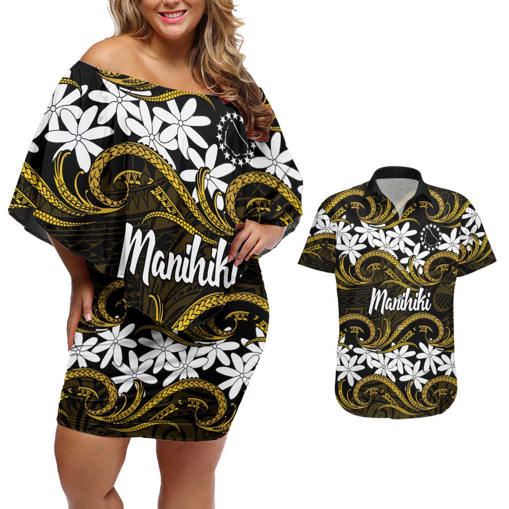 Personalised Cook Islands Manihiki Couples Matching Off Shoulder Short Dress and Hawaiian Shirt Tiare Maori Polynesian Waves Tattoo LT14 Gold - Polynesian Pride