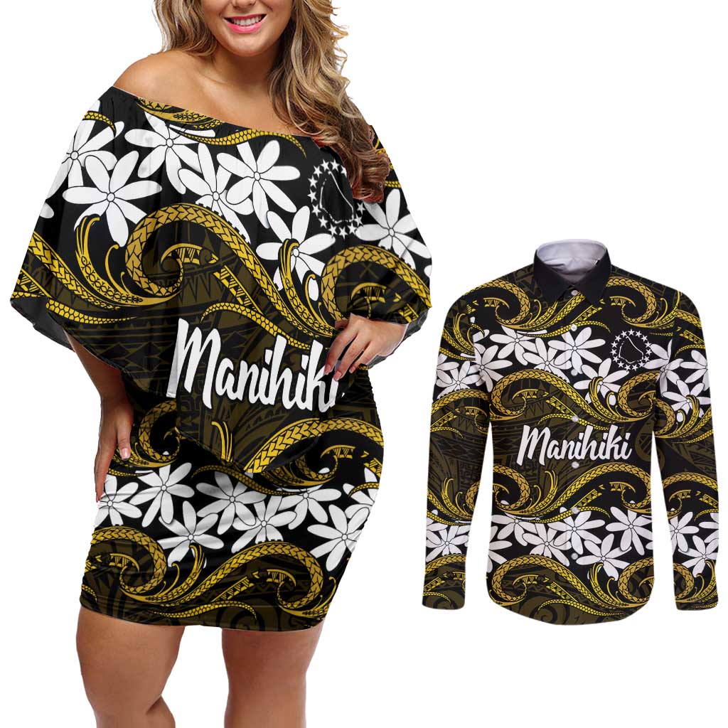Personalised Cook Islands Manihiki Couples Matching Off Shoulder Short Dress and Long Sleeve Button Shirt Tiare Maori Polynesian Waves Tattoo LT14 Gold - Polynesian Pride