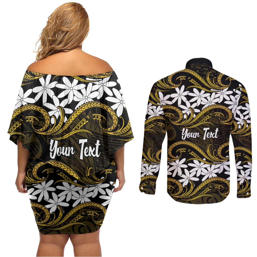 Personalised Cook Islands Manihiki Couples Matching Off Shoulder Short Dress and Long Sleeve Button Shirt Tiare Maori Polynesian Waves Tattoo LT14 - Polynesian Pride