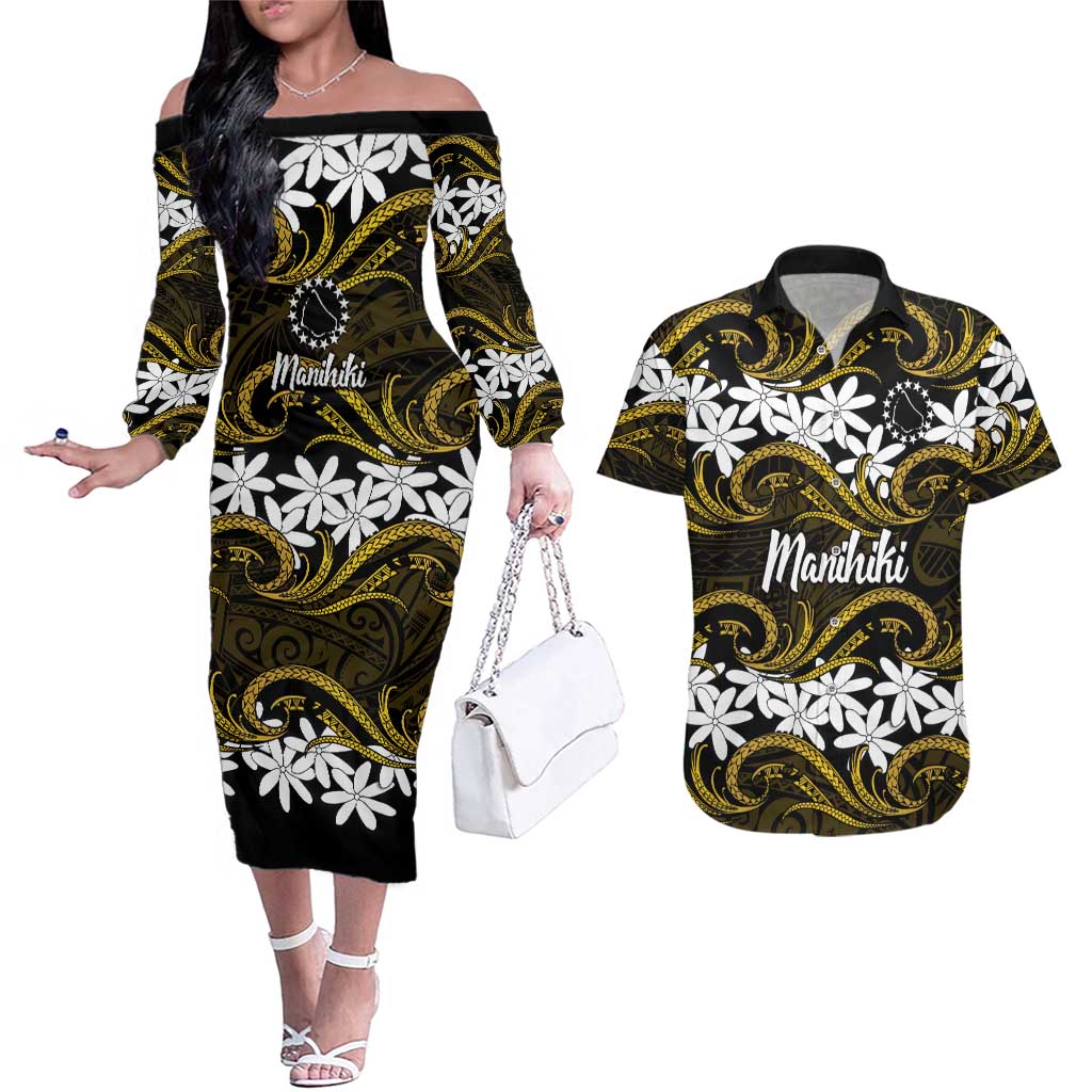 Personalised Cook Islands Manihiki Couples Matching Off The Shoulder Long Sleeve Dress and Hawaiian Shirt Tiare Maori Polynesian Waves Tattoo LT14 Gold - Polynesian Pride