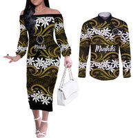 Personalised Cook Islands Manihiki Couples Matching Off The Shoulder Long Sleeve Dress and Long Sleeve Button Shirt Tiare Maori Polynesian Waves Tattoo LT14 Gold - Polynesian Pride