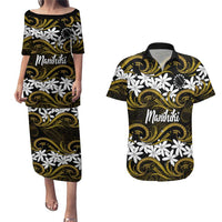 Personalised Cook Islands Manihiki Couples Matching Puletasi and Hawaiian Shirt Tiare Maori Polynesian Waves Tattoo LT14 Gold - Polynesian Pride