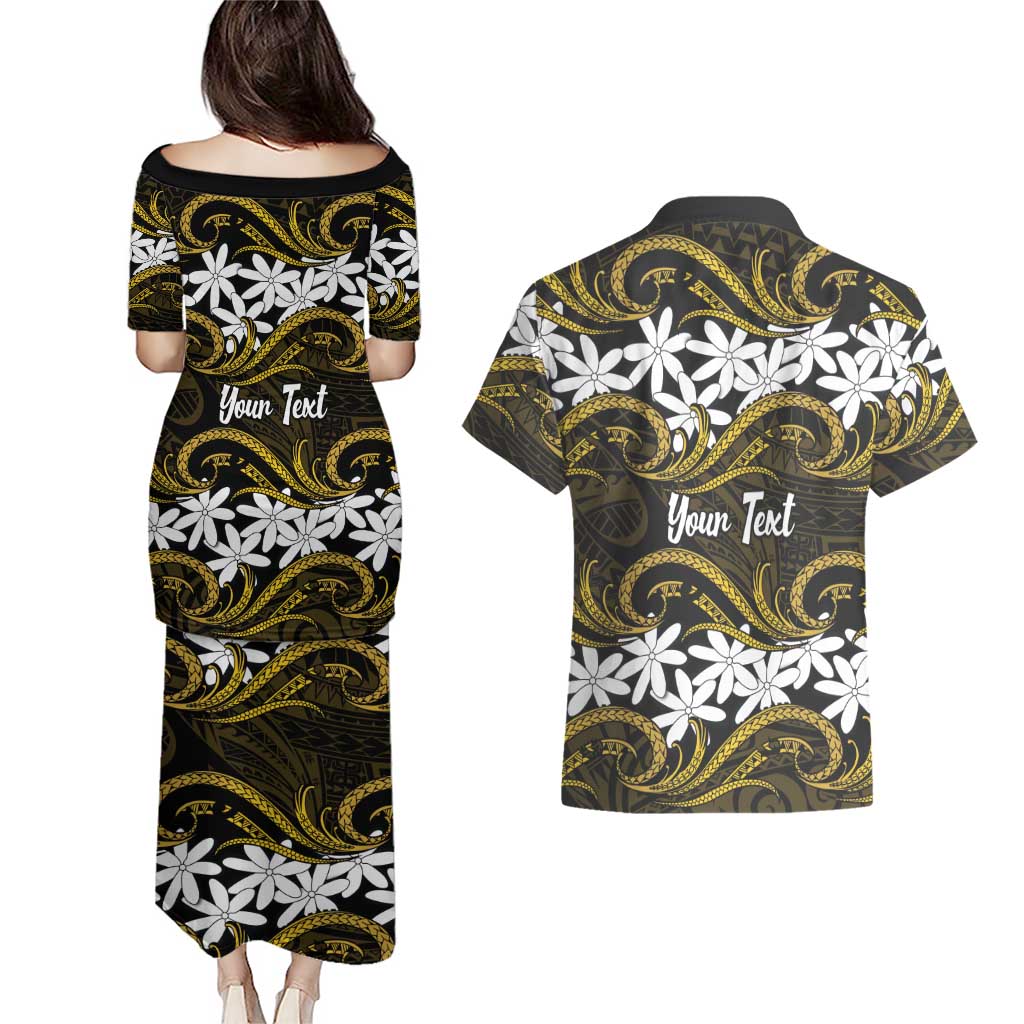 Personalised Cook Islands Manihiki Couples Matching Puletasi and Hawaiian Shirt Tiare Maori Polynesian Waves Tattoo LT14 - Polynesian Pride