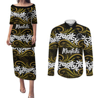 Personalised Cook Islands Manihiki Couples Matching Puletasi and Long Sleeve Button Shirt Tiare Maori Polynesian Waves Tattoo LT14 Gold - Polynesian Pride