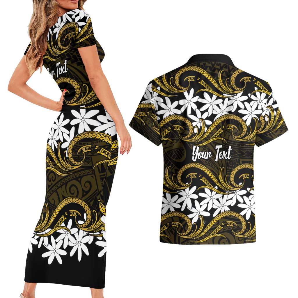 Personalised Cook Islands Manihiki Couples Matching Short Sleeve Bodycon Dress and Hawaiian Shirt Tiare Maori Polynesian Waves Tattoo LT14 - Polynesian Pride
