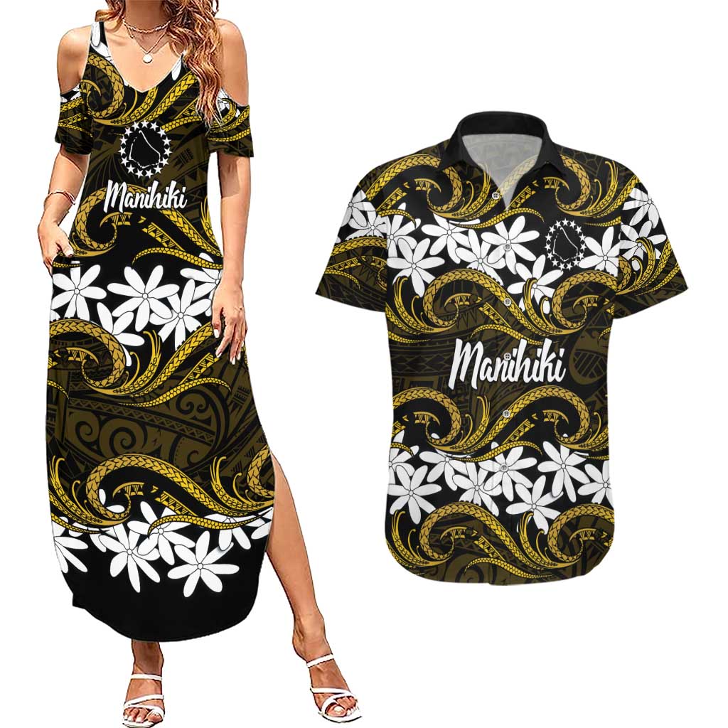 Personalised Cook Islands Manihiki Couples Matching Summer Maxi Dress and Hawaiian Shirt Tiare Maori Polynesian Waves Tattoo LT14 Gold - Polynesian Pride