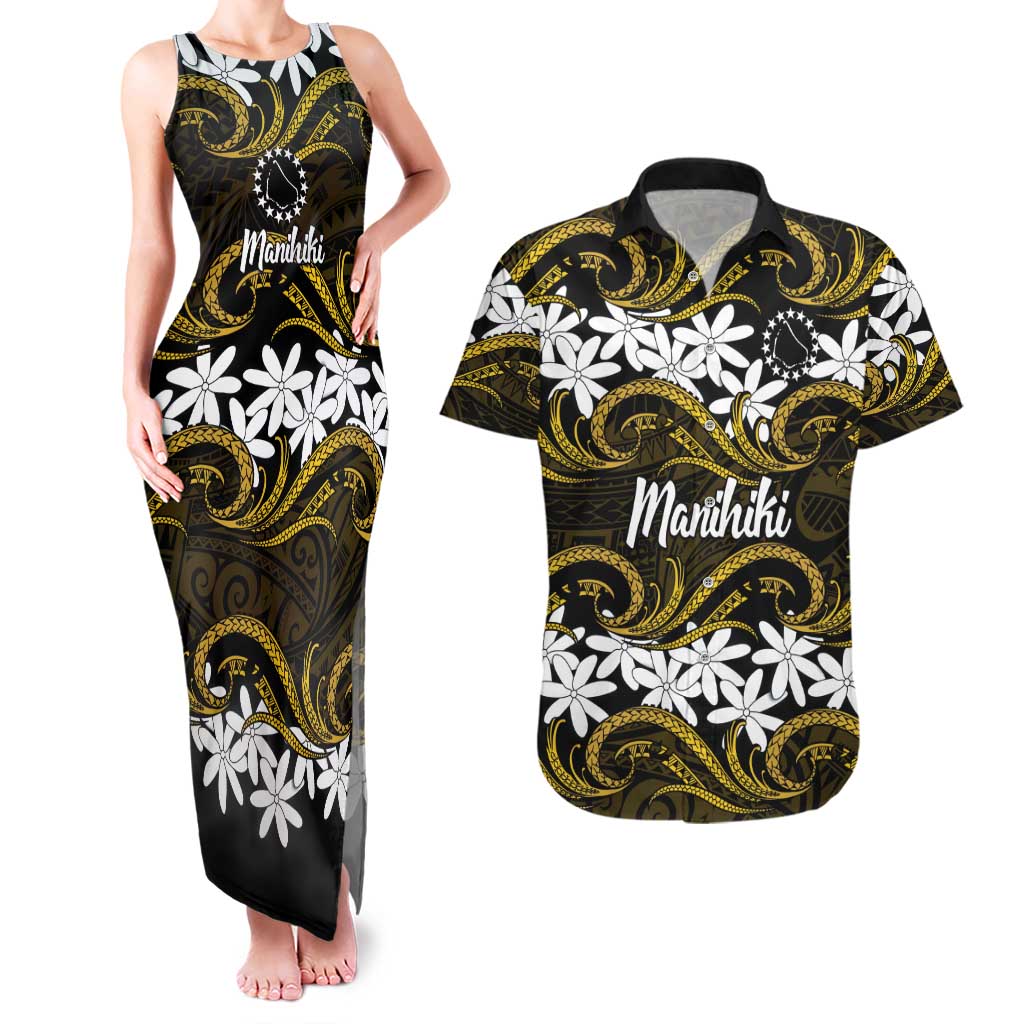 Personalised Cook Islands Manihiki Couples Matching Tank Maxi Dress and Hawaiian Shirt Tiare Maori Polynesian Waves Tattoo LT14 Gold - Polynesian Pride