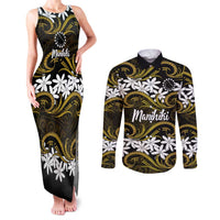 Personalised Cook Islands Manihiki Couples Matching Tank Maxi Dress and Long Sleeve Button Shirt Tiare Maori Polynesian Waves Tattoo LT14 Gold - Polynesian Pride