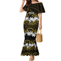 Personalised Cook Islands Manihiki Family Matching Mermaid Dress and Hawaiian Shirt Tiare Maori Polynesian Waves Tattoo LT14 Mom's Dress Gold - Polynesian Pride