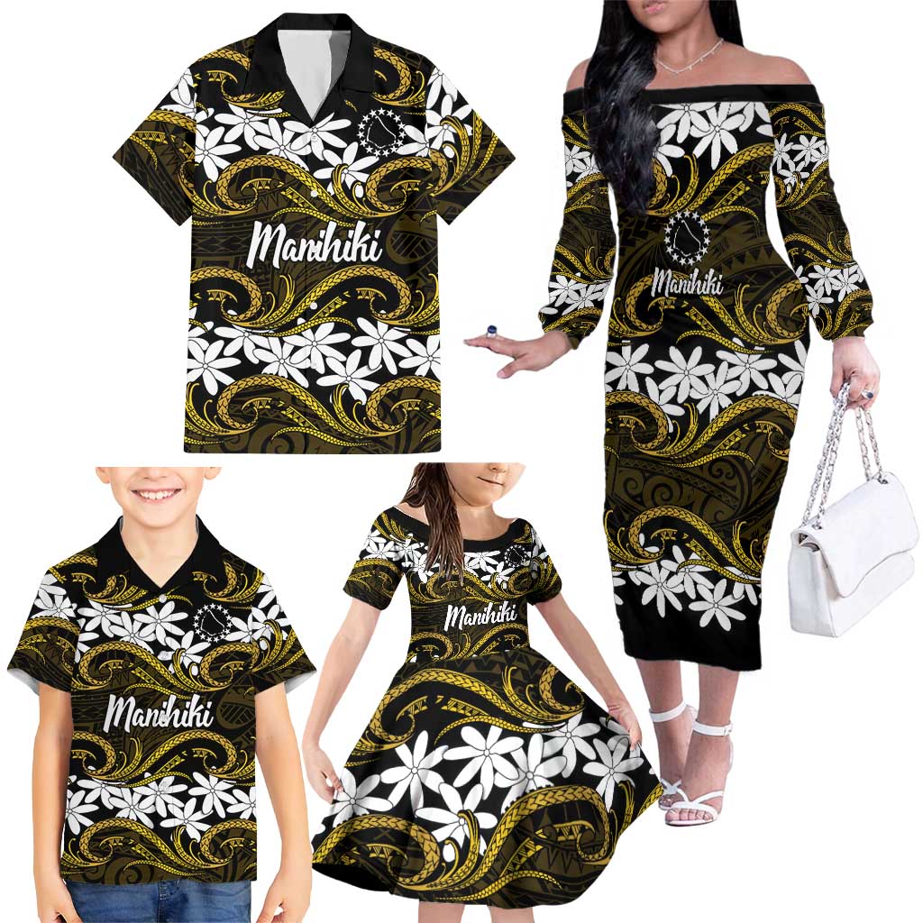 Personalised Cook Islands Manihiki Family Matching Off The Shoulder Long Sleeve Dress and Hawaiian Shirt Tiare Maori Polynesian Waves Tattoo LT14 - Polynesian Pride