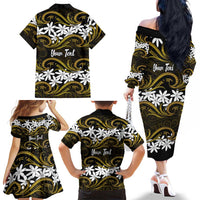 Personalised Cook Islands Manihiki Family Matching Off The Shoulder Long Sleeve Dress and Hawaiian Shirt Tiare Maori Polynesian Waves Tattoo LT14 - Polynesian Pride