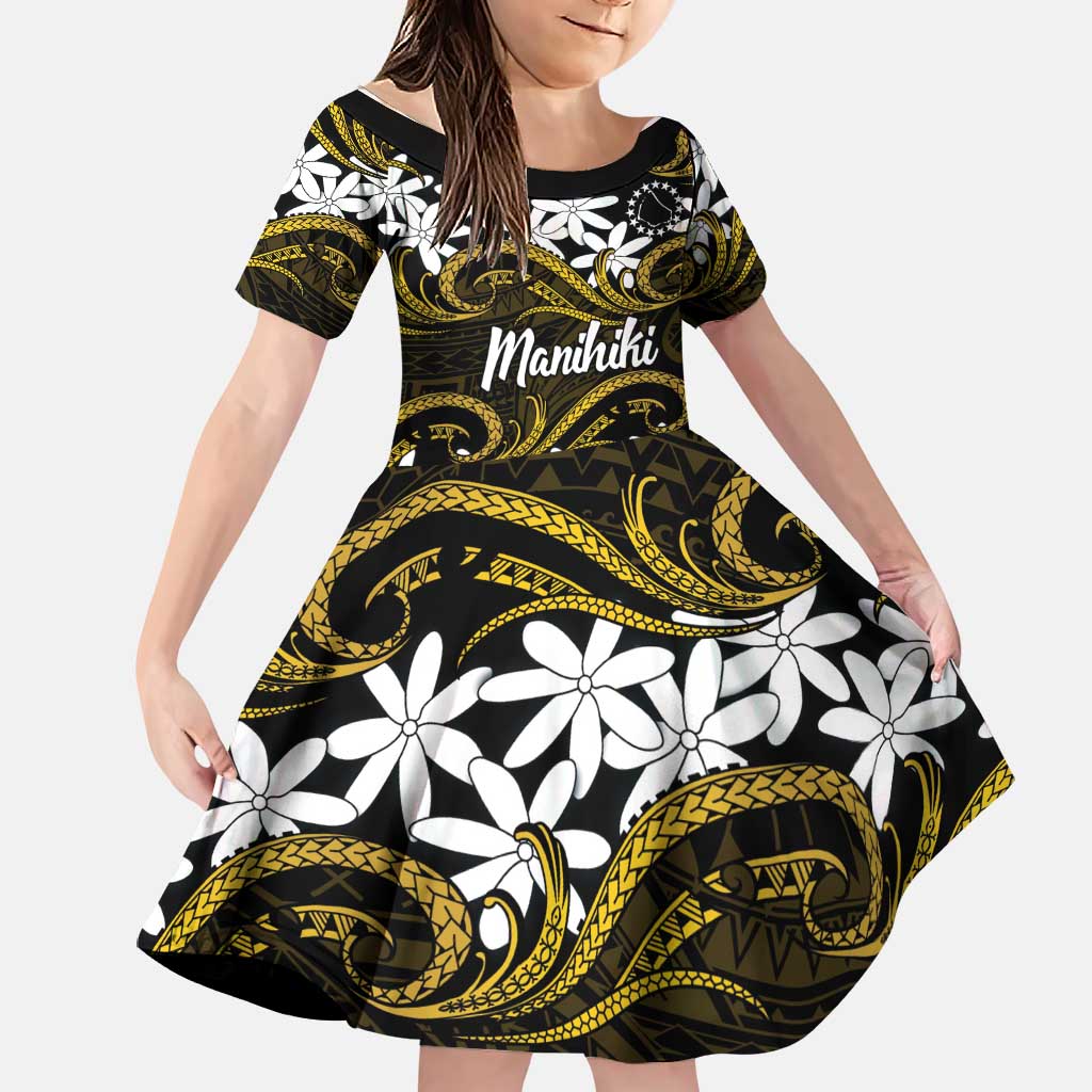 Personalised Cook Islands Manihiki Family Matching Off Shoulder Maxi Dress and Hawaiian Shirt Tiare Maori Polynesian Waves Tattoo LT14 Daughter's Dress Gold - Polynesian Pride