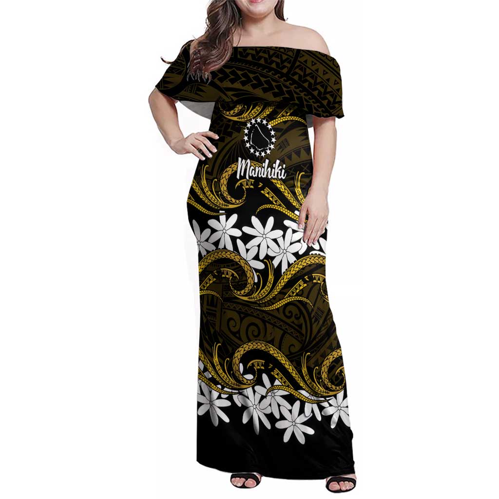 Personalised Cook Islands Manihiki Family Matching Off Shoulder Maxi Dress and Hawaiian Shirt Tiare Maori Polynesian Waves Tattoo LT14 Mom's Dress Gold - Polynesian Pride