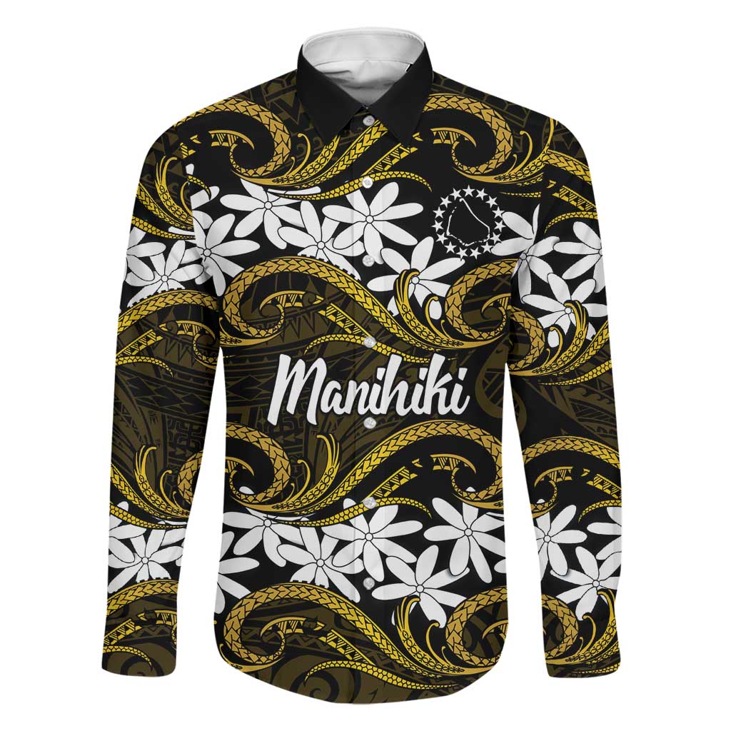 Personalised Cook Islands Manihiki Family Matching Off Shoulder Short Dress and Hawaiian Shirt Tiare Maori Polynesian Waves Tattoo LT14 Dad's Shirt - Long Sleeve Gold - Polynesian Pride