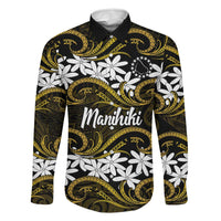 Personalised Cook Islands Manihiki Family Matching Puletasi and Hawaiian Shirt Tiare Maori Polynesian Waves Tattoo LT14 Dad's Shirt - Long Sleeve Gold - Polynesian Pride