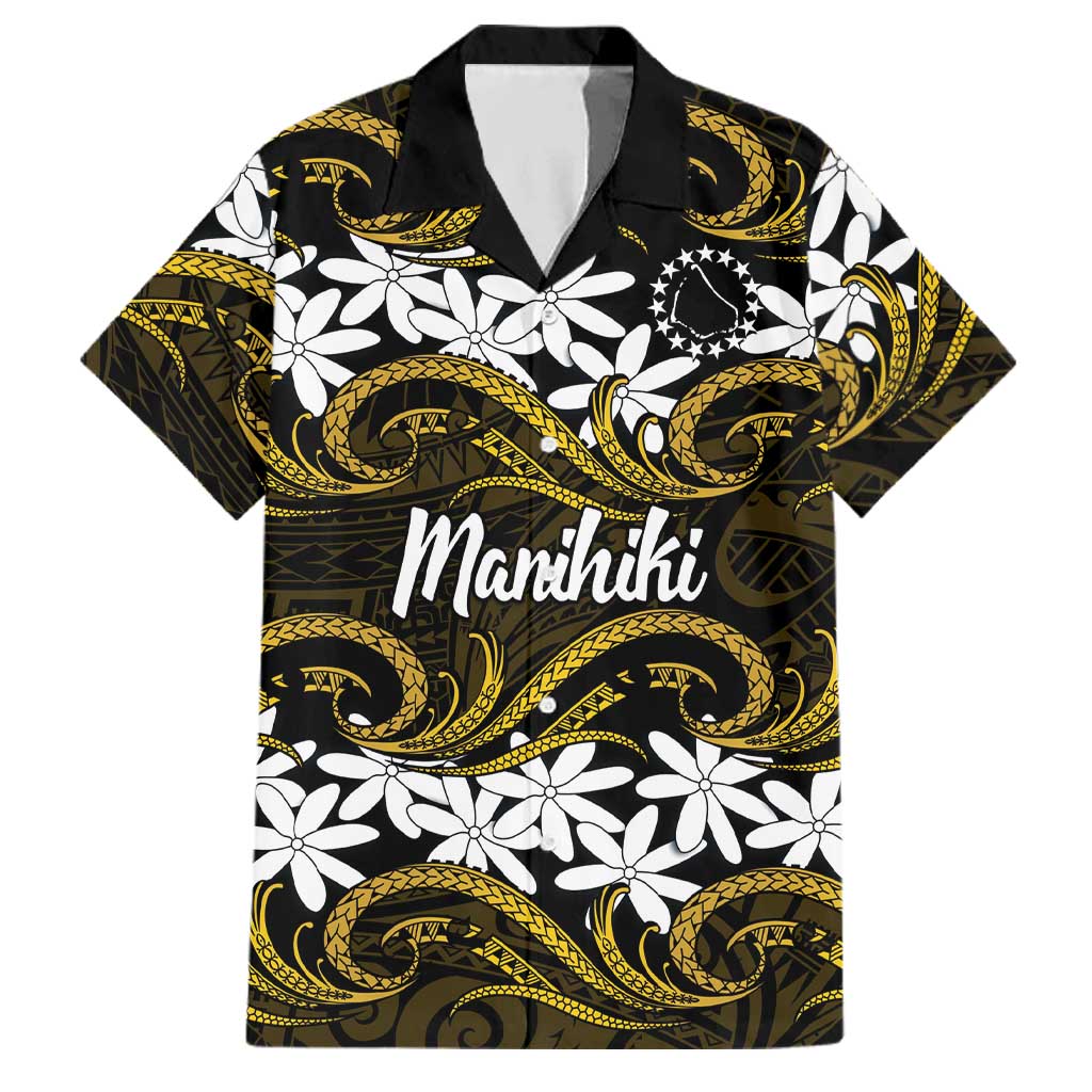 Personalised Cook Islands Manihiki Family Matching Summer Maxi Dress and Hawaiian Shirt Tiare Maori Polynesian Waves Tattoo LT14 Dad's Shirt - Short Sleeve Gold - Polynesian Pride