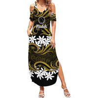Personalised Cook Islands Manihiki Family Matching Summer Maxi Dress and Hawaiian Shirt Tiare Maori Polynesian Waves Tattoo LT14 Mom's Dress Gold - Polynesian Pride