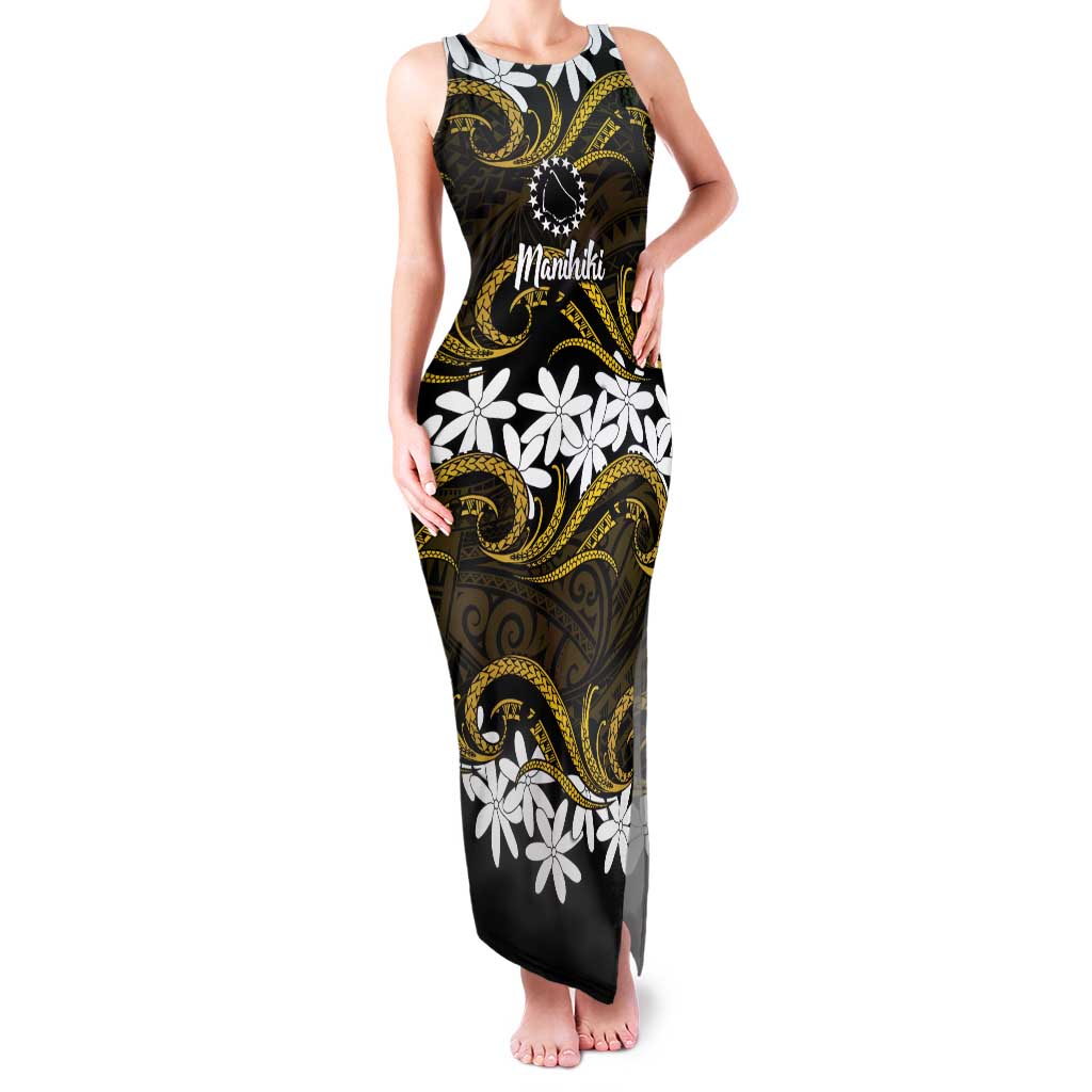 Personalised Cook Islands Manihiki Family Matching Tank Maxi Dress and Hawaiian Shirt Tiare Maori Polynesian Waves Tattoo LT14 Mom's Dress Gold - Polynesian Pride