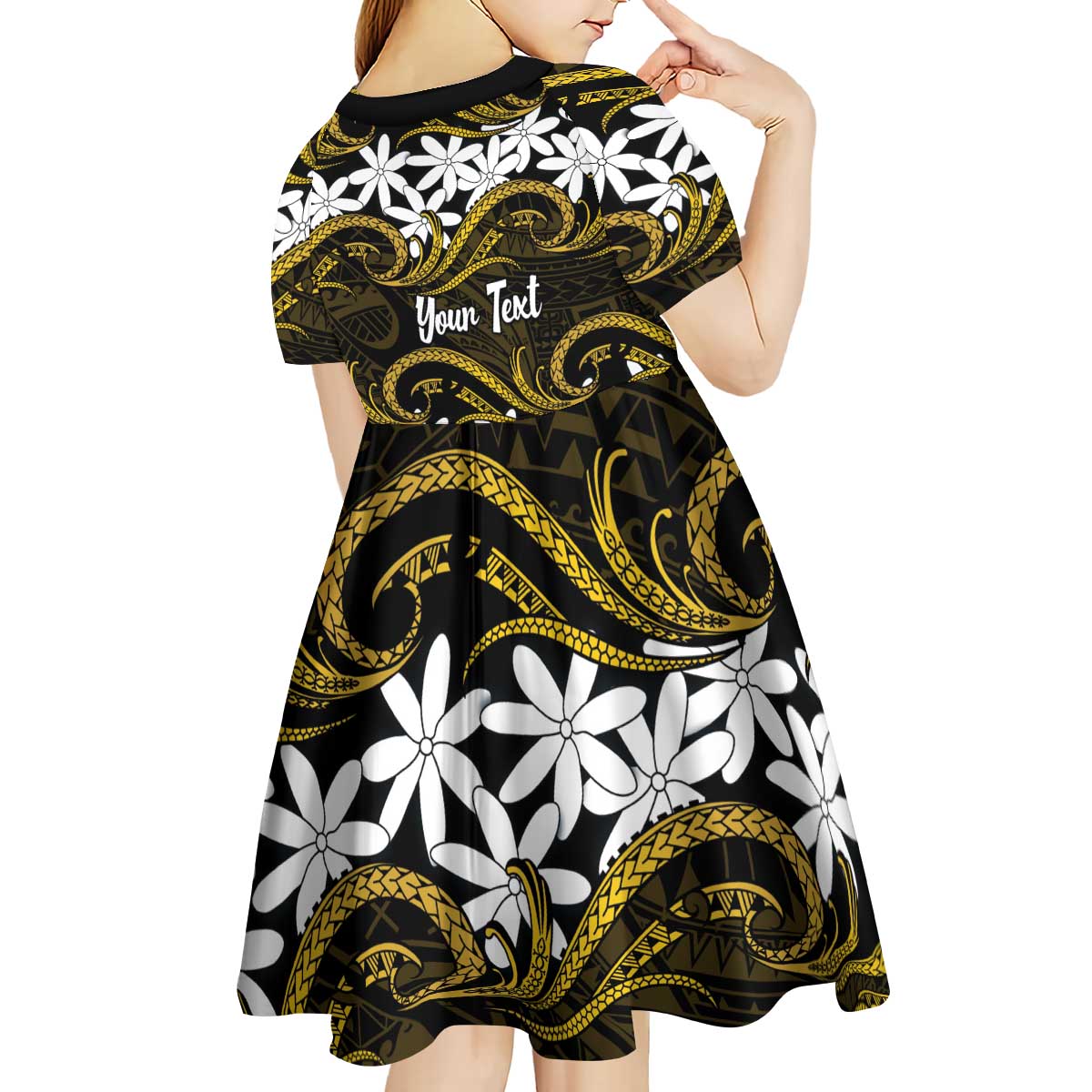 Personalised Cook Islands Manihiki Kid Short Sleeve Dress Tiare Maori Polynesian Waves Tattoo