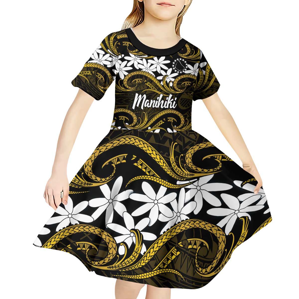 Personalised Cook Islands Manihiki Kid Short Sleeve Dress Tiare Maori Polynesian Waves Tattoo