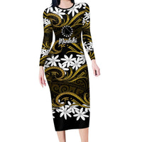 Personalised Cook Islands Manihiki Long Sleeve Bodycon Dress Tiare Maori Polynesian Waves Tattoo LT14 Long Dress Gold - Polynesian Pride
