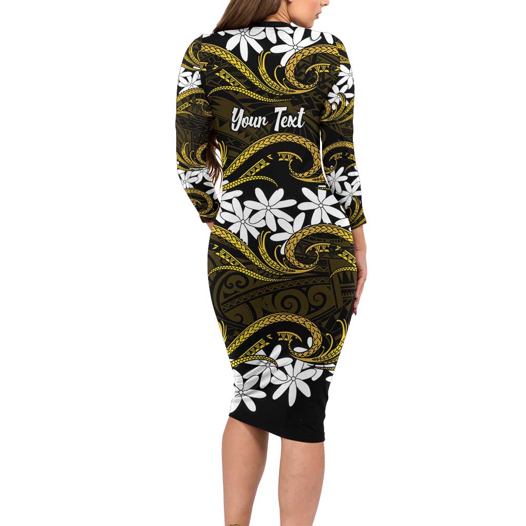 Personalised Cook Islands Manihiki Long Sleeve Bodycon Dress Tiare Maori Polynesian Waves Tattoo LT14 - Polynesian Pride
