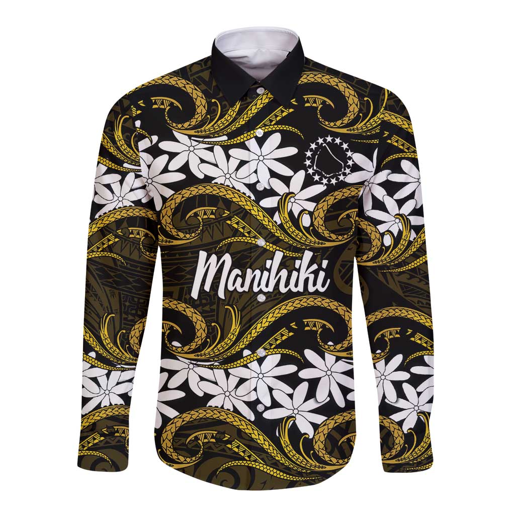 Personalised Cook Islands Manihiki Long Sleeve Button Shirt Tiare Maori Polynesian Waves Tattoo