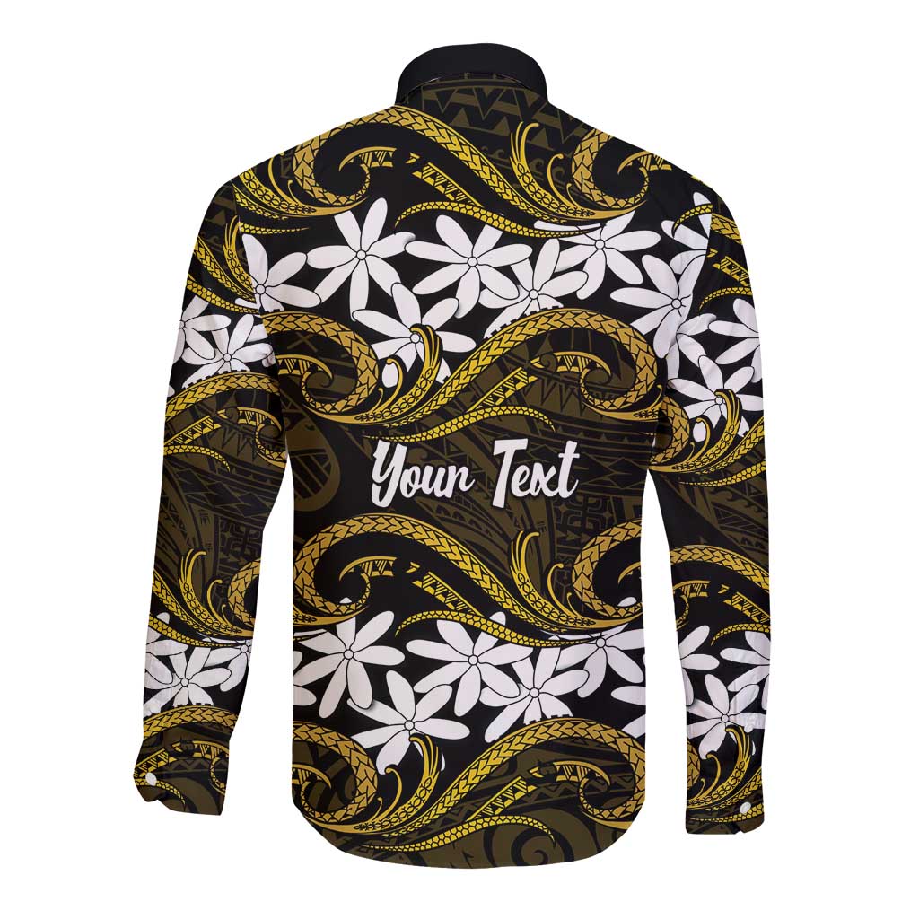 Personalised Cook Islands Manihiki Long Sleeve Button Shirt Tiare Maori Polynesian Waves Tattoo