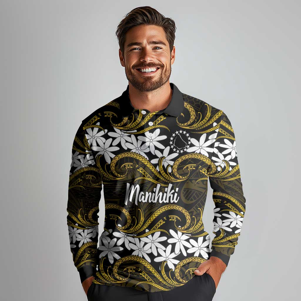Personalised Cook Islands Manihiki Long Sleeve Polo Shirt Tiare Maori Polynesian Waves Tattoo