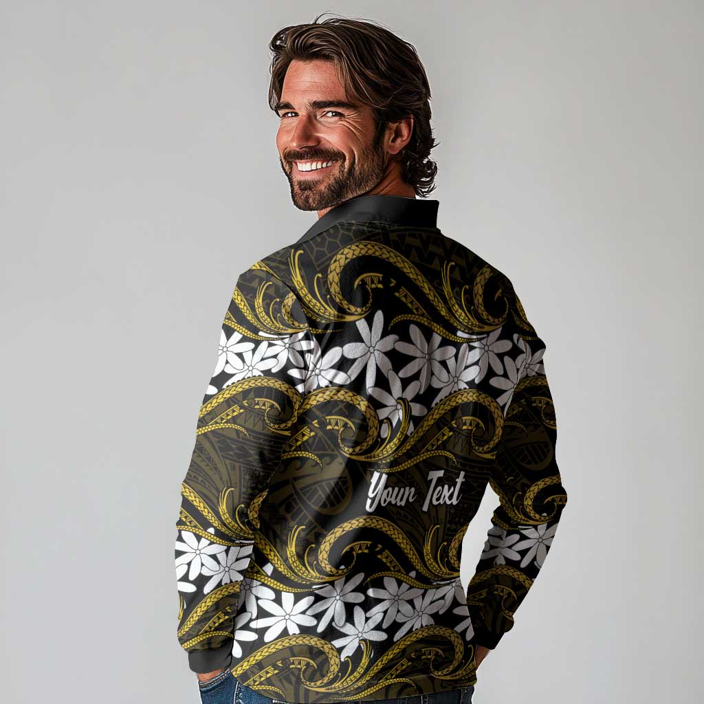 Personalised Cook Islands Manihiki Long Sleeve Polo Shirt Tiare Maori Polynesian Waves Tattoo