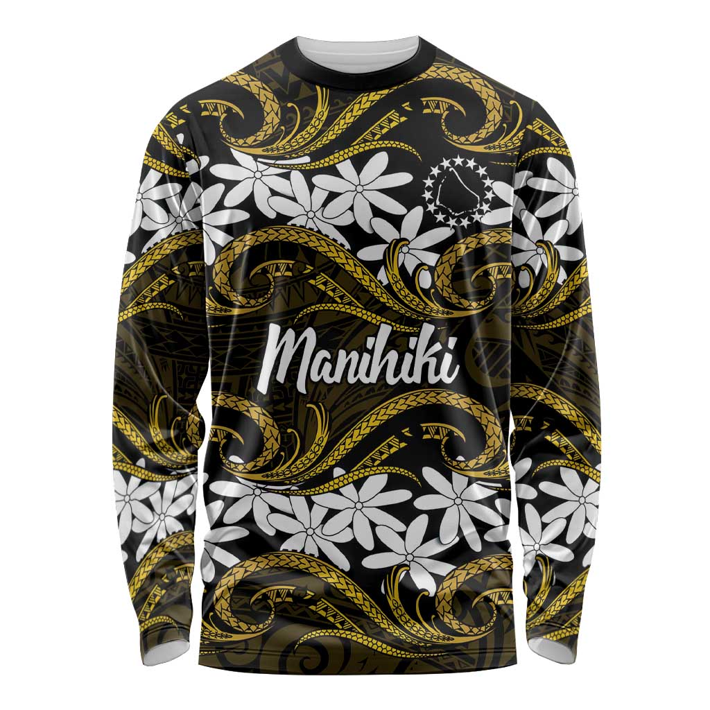 Personalised Cook Islands Manihiki Long Sleeve Shirt Tiare Maori Polynesian Waves Tattoo LT14 Unisex Gold - Polynesian Pride