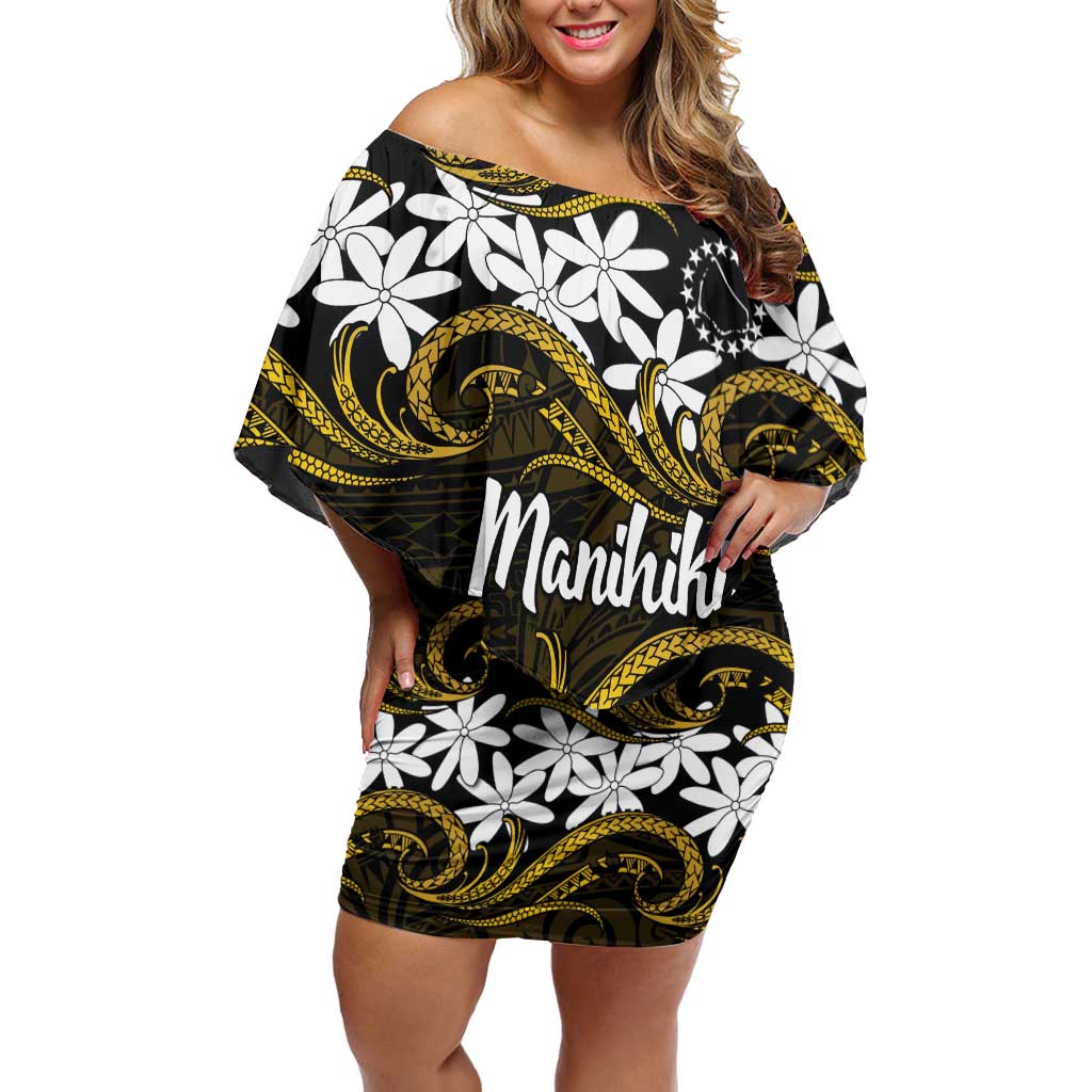Personalised Cook Islands Manihiki Off Shoulder Short Dress Tiare Maori Polynesian Waves Tattoo
