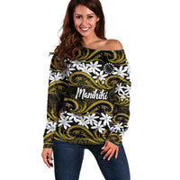 Personalised Cook Islands Manihiki Off Shoulder Sweater Tiare Maori Polynesian Waves Tattoo LT14 Women Gold - Polynesian Pride