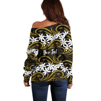 Personalised Cook Islands Manihiki Off Shoulder Sweater Tiare Maori Polynesian Waves Tattoo LT14 - Polynesian Pride