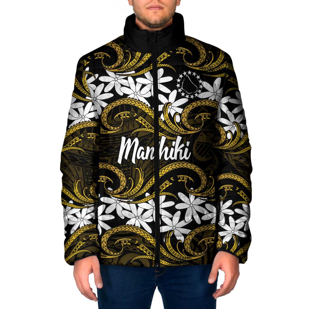 Personalised Cook Islands Manihiki Padded Jacket Tiare Maori Polynesian Waves Tattoo