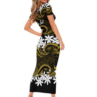 Personalised Cook Islands Manihiki Short Sleeve Bodycon Dress Tiare Maori Polynesian Waves Tattoo LT14 - Polynesian Pride