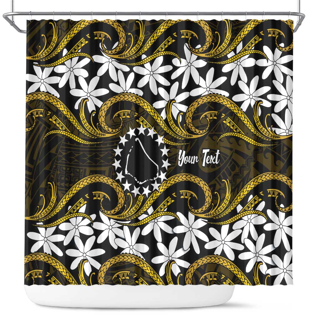 Personalised Cook Islands Manihiki Shower Curtain Tiare Maori Polynesian Waves Tattoo LT14 Gold - Polynesian Pride