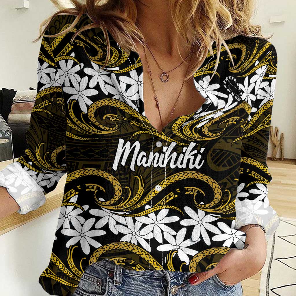 Personalised Cook Islands Manihiki Women Casual Shirt Tiare Maori Polynesian Waves Tattoo LT14 Female Gold - Polynesian Pride