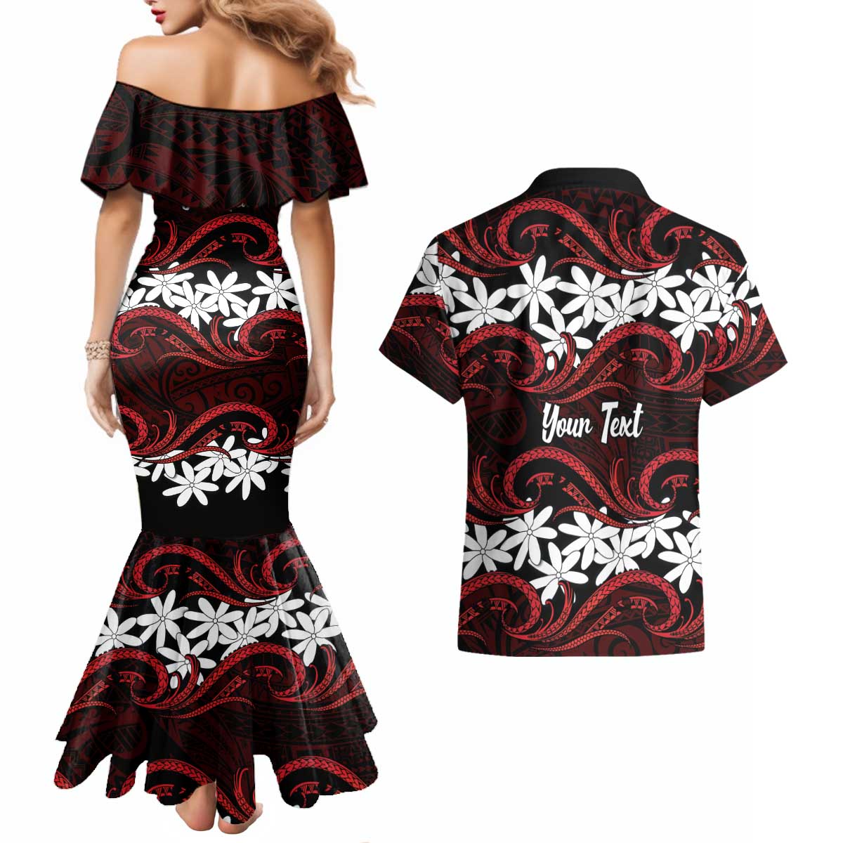 Personalised Cook Islands Atiu Enuamanu Couples Matching Mermaid Dress and Hawaiian Shirt Tiare Maori Polynesian Waves Tattoo LT14 - Polynesian Pride