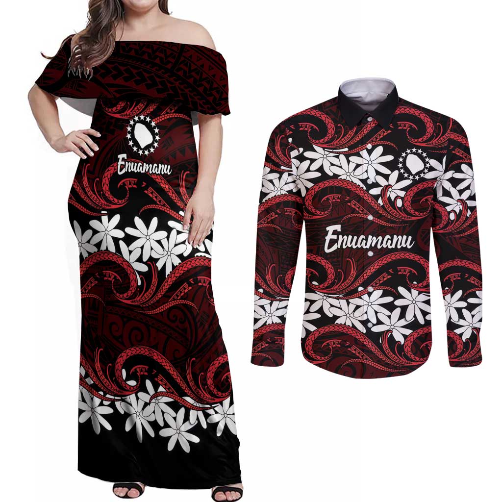 Personalised Cook Islands Atiu Enuamanu Couples Matching Off Shoulder Maxi Dress and Long Sleeve Button Shirt Tiare Maori Polynesian Waves Tattoo